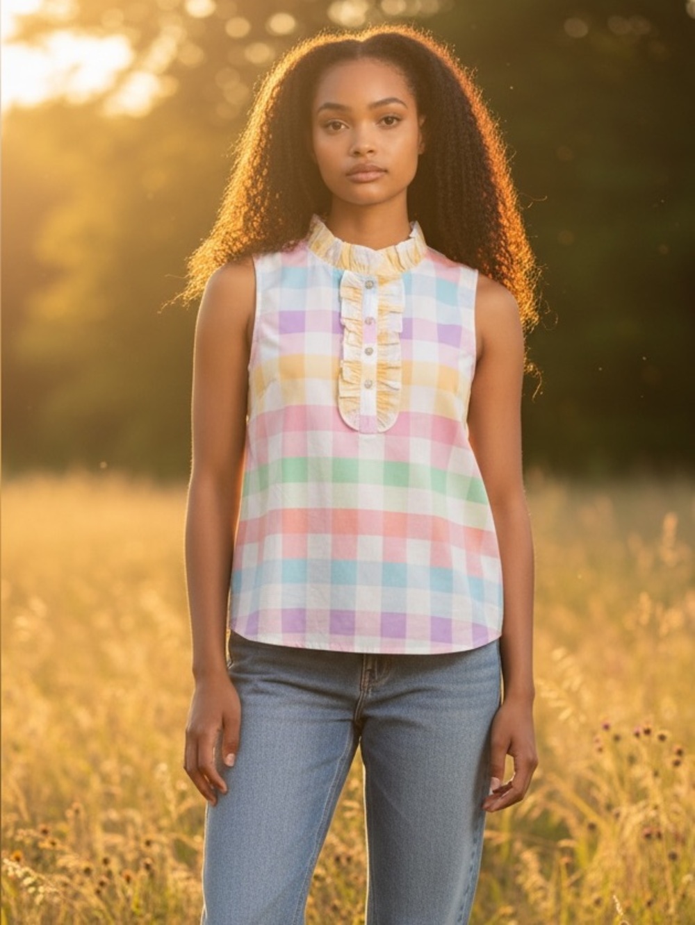 Prosperina NWT Pastel Plaid Ruffle Neck Sleeveless Cotton Blouse XS